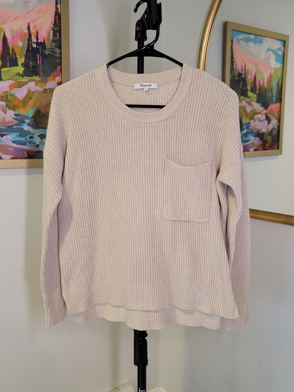 MADEWELL Ribbed Crewneck Knit Sweater Beige Pocket Women's Size S